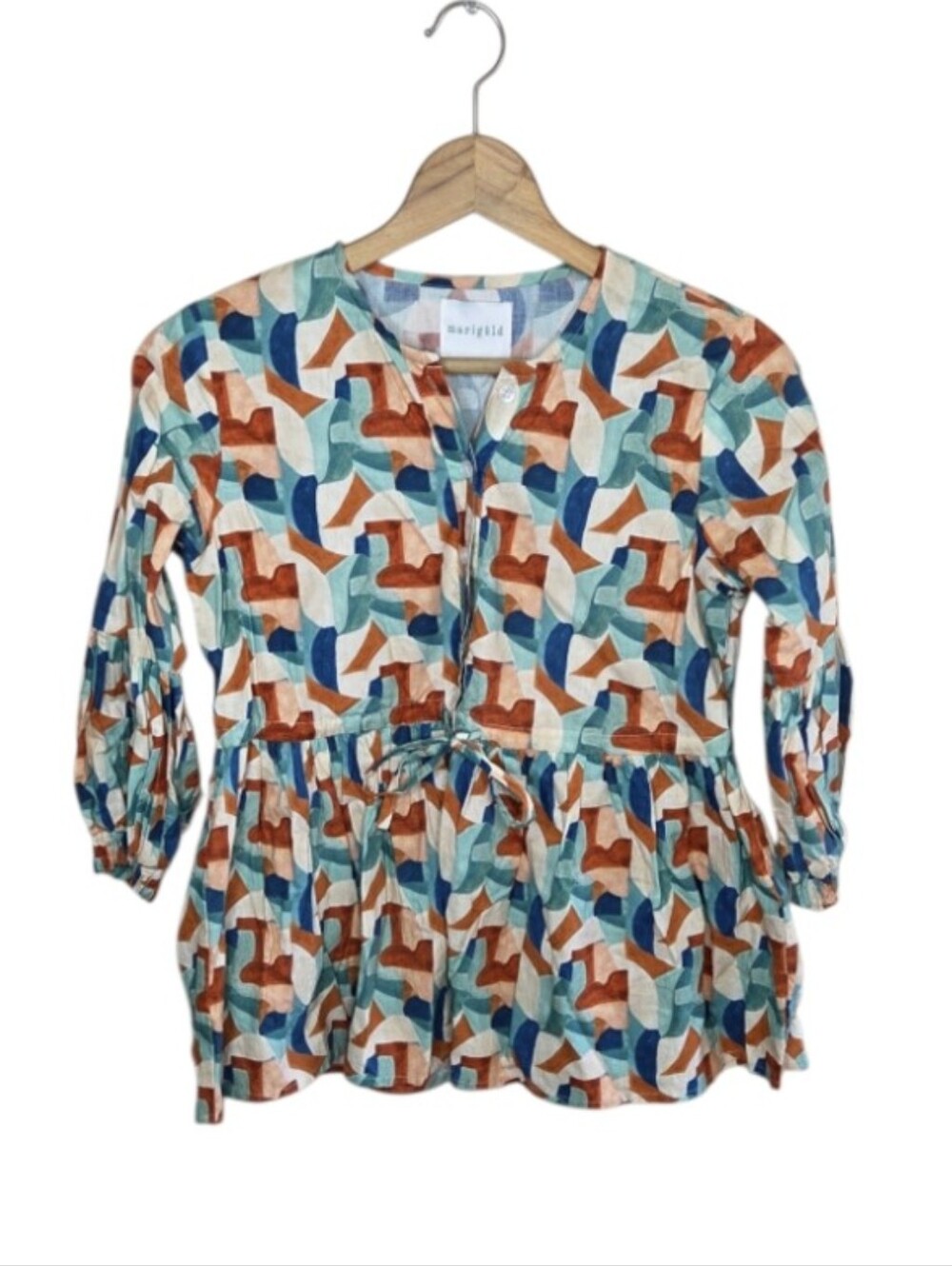 Marigold by Victoria Dunn Colorful Geometric 3/4 Sleeve Top Cinch Waist Size XS